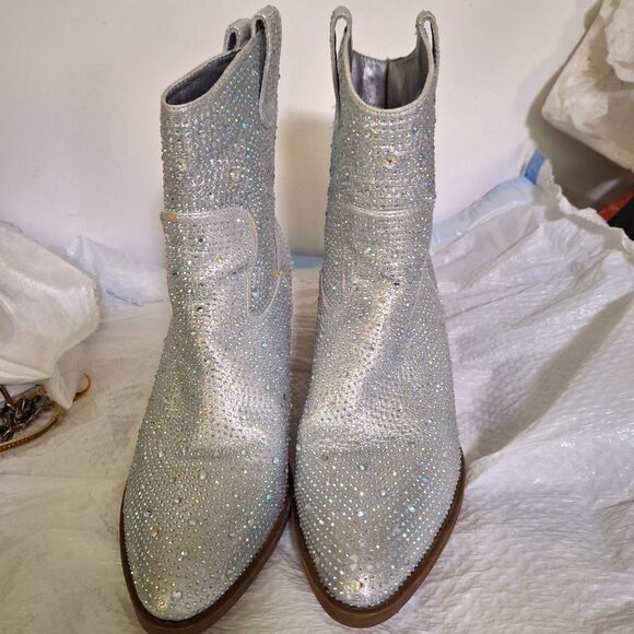 Forever Women's Cowgirl Boots Crystal Studded Ankle Bootie Western Heels Size 10 - Picture 1 of 9